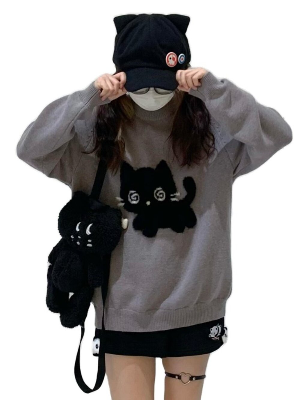 Y2K Kawaii Knit Cute Cat Print Casual Long Sleeve Crew Neck Oversize Pullovers